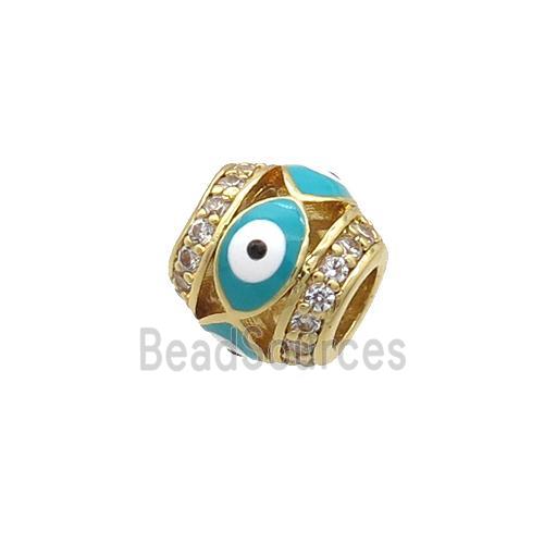 Copper Barrel Beads Pave Zircon Teal Enamel Evil Eye Large Hole Gold Plated