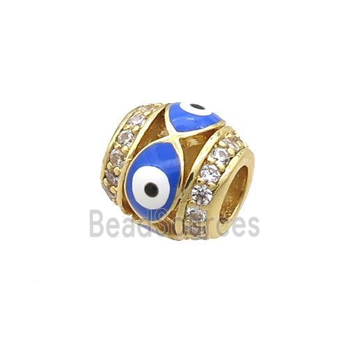 Copper Barrel Beads Pave Zircon Blue Enamel Evil Eye Large Hole Gold Plated