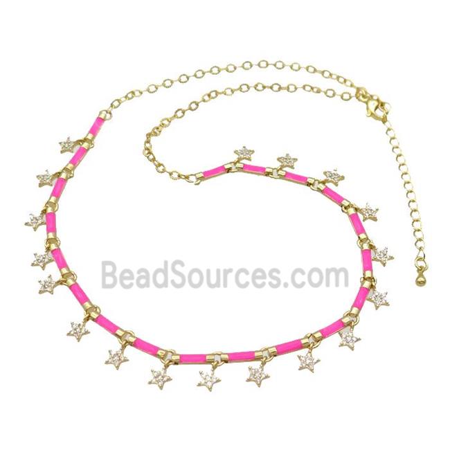 Copper Necklace Pave Zircon Hotpink Enamel Gold Plated