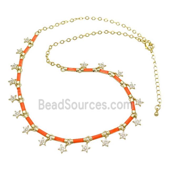 Copper Necklace Pave Zircon Orange Enamel Gold Plated