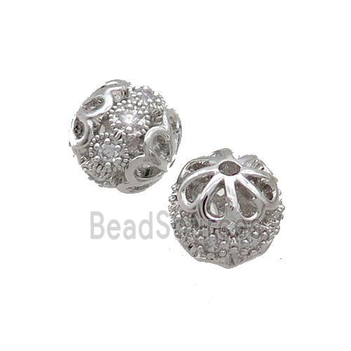 Round Copper Beads Pave Zircon Platinum Plated