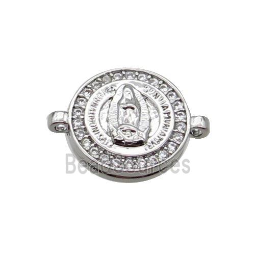 Copper Circle Connector Pave Zircon Virgin Mary Religious Platinum Plated