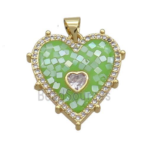 Copper Heart Pendant Pave Shell Green Gold Plated