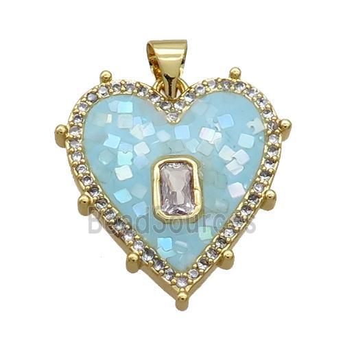 Copper Heart Pendant Pave Shell Aqua Gold Plated