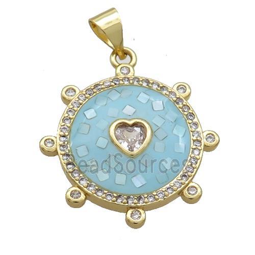 Copper Circle Pendant Pave Shell Aqua Gold Plated