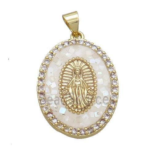 Copper Oval Pendant Pave Shell Virgin Mary Religious White Gold Plated