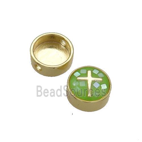 Copper Button Beads Pave Shell Green Cross Gold Plated