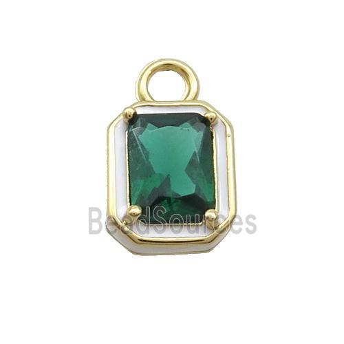 Copper Rectangle Pendant Pave Green Crystal Glass White Enamel Gold Plated