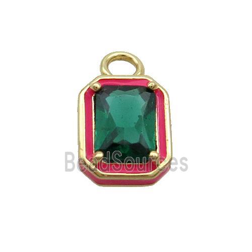 Copper Rectangle Pendant Pave Green Crystal Glass Red Enamel Gold Plated