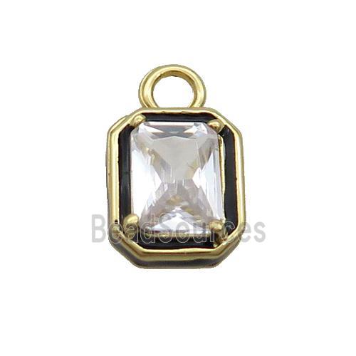 Copper Rectangle Pendant Pave Clear Crystal Glass Black Enamel Gold Plated