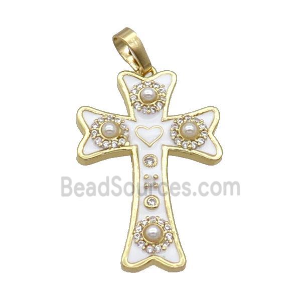 Copper Cross Pendant Pave Zircon White Enamel Gold Plated