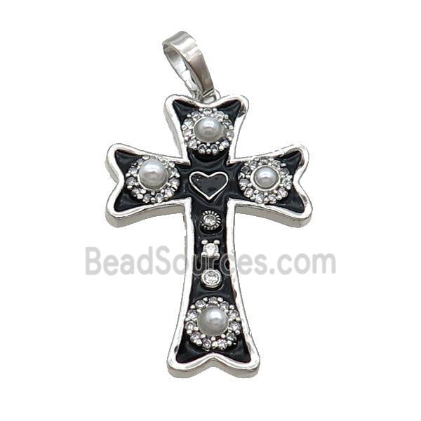 Copper Cross Pendant Pave Zircon Black Enamel Platinum Plated