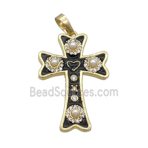 Copper Cross Pendant Pave Zircon Black Enamel Religious Gold Plated