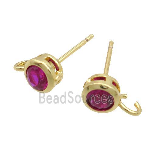 Copper Stud Earring Pave Hotpink Crystal Glass Gold Plated