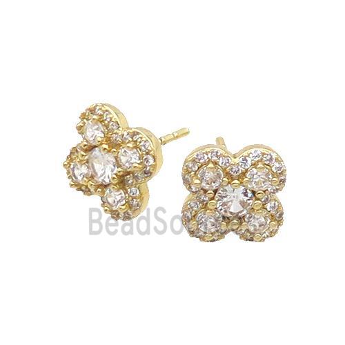 Copper Stud Earring Pave Zircon Clover Gold Plated