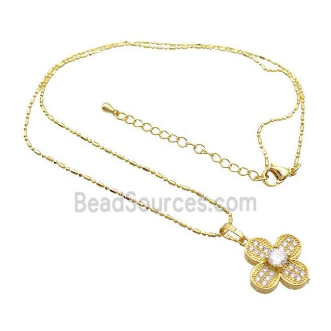 Copper Necklace With Clover Pave Zircon Gold Plated