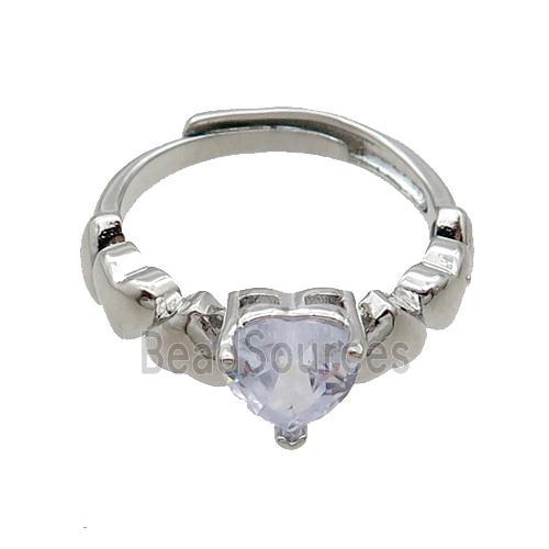 Copper Ring Pave Crystal Glass Heart Adjustable Platinum Plated