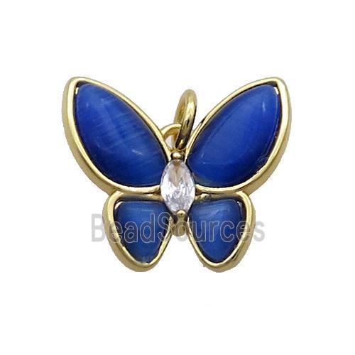 Copper Butterfly Pendant Pave Blue Catseye Gold Plated