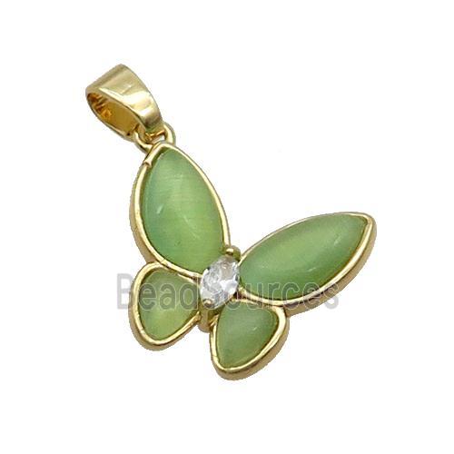 Copper Butterfly Pendant Pave Green Catseye Gold Plated