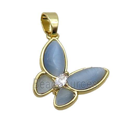 Copper Butterfly Pendant Pave Blue Catseye Gold Plated