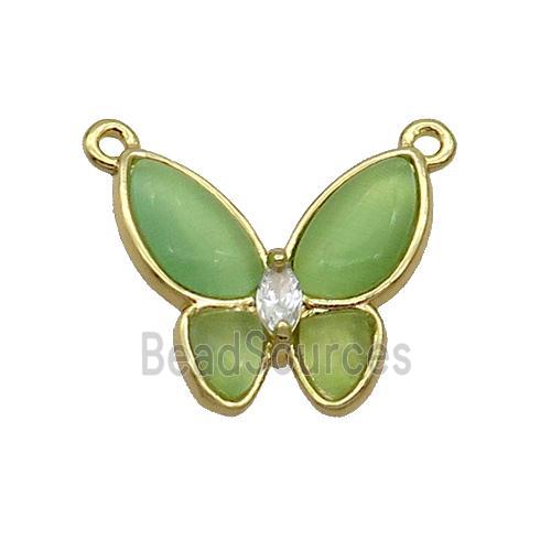 Copper Butterfly Pendant Pave Green Catseye 2loops Gold Plated