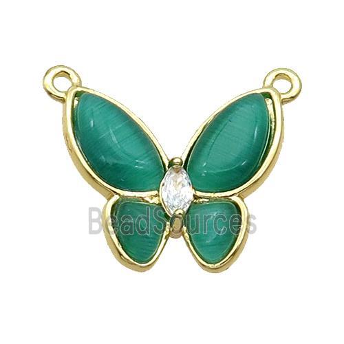 Copper Butterfly Pendant Pave Green Catseye 2loops Gold Plated