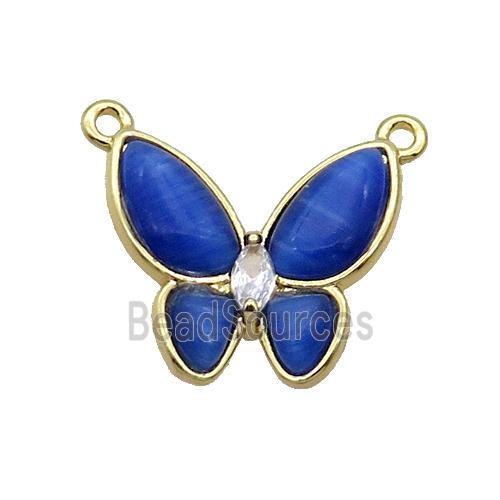 Copper Butterfly Pendant Pave Blue Catseye 2loops Gold Plated