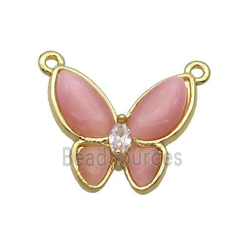 Copper Butterfly Pendant Pave Pink Catseye 2loops Gold Plated