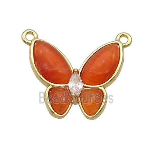 Copper Butterfly Pendant Pave Red Catseye 2loops Gold Plated