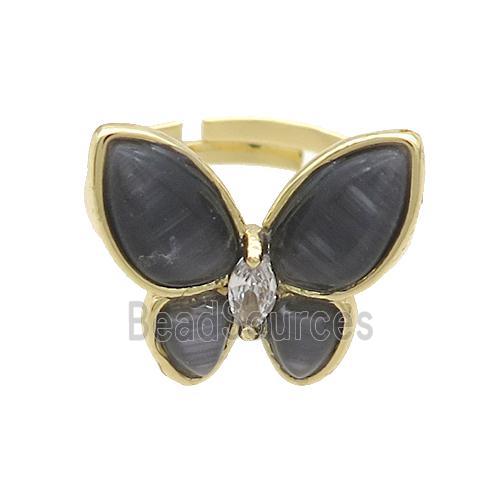 Copper Butterfly Ring Pave Black Catseye Adjustable Gold Plated