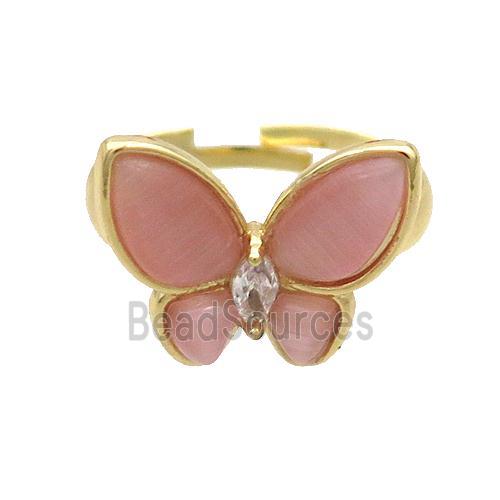 Copper Butterfly Ring Pave Pink Catseye Adjustable Gold Plated