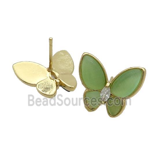 Copper Butterfly Stud Earring Pave Green Catseye Gold Plated