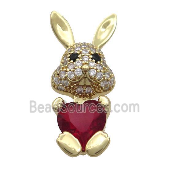 Copper Rabbit Pendant Pave Zircon DeepRed Crystal Gold Plated