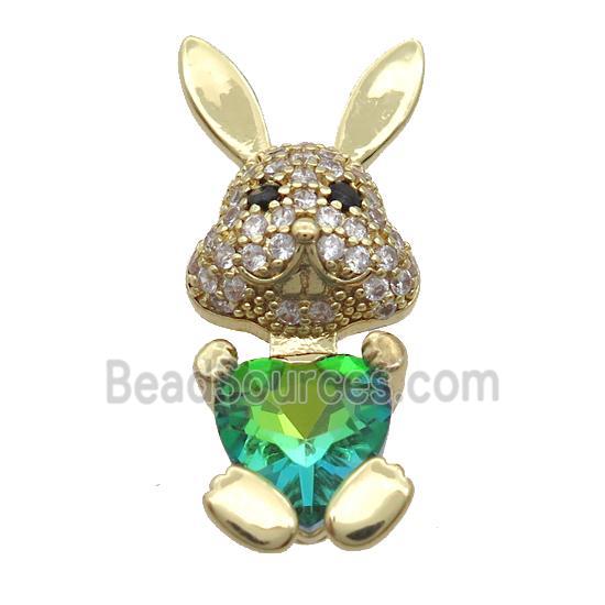 Copper Rabbit Pendant Pave Zircon Green Crystal Gold Plated