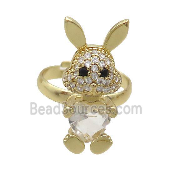 Copper Rabbit Ring Pave Zircon Clear Crystal Adjustable Gold Plated