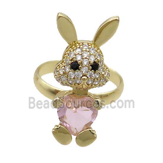 Copper Rabbit Ring Pave Zircon Pink Crystal Adjustable Gold Plated