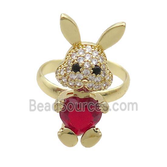 Copper Rabbit Ring Pave Zircon Red Crystal Adjustable Gold Plated