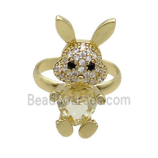 Copper Rabbit Ring Pave Zircon Yellow Crystal Adjustable Gold Plated