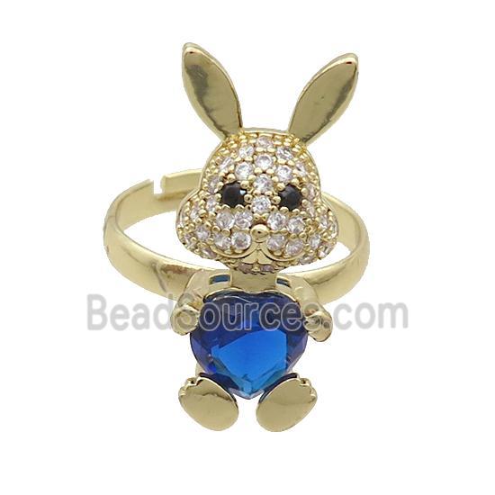 Copper Rabbit Ring Pave Zircon Blue Crystal Adjustable Gold Plated