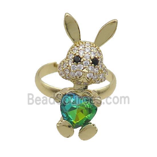 Copper Rabbit Ring Pave Zircon Green Crystal Adjustable Gold Plated