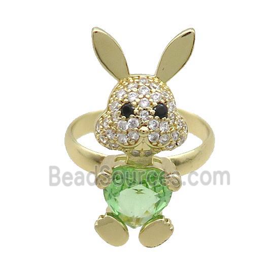 Copper Rabbit Ring Pave Zircon Green Crystal Adjustable Gold Plated