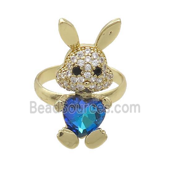 Copper Rabbit Ring Pave Zircon Blue Crystal Adjustable Gold Plated