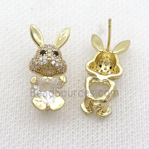 Copper Rabbit Stud Earring Pave Zircon Clear Crystal Gold Plated