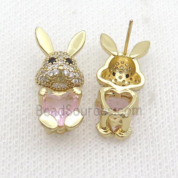 Copper Rabbit Stud Earring Pave Zircon Pink Crystal Gold Plated