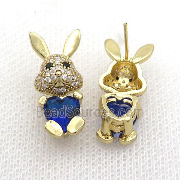 Copper Rabbit Stud Earring Pave Zircon Deepblue Crystal Gold Plated