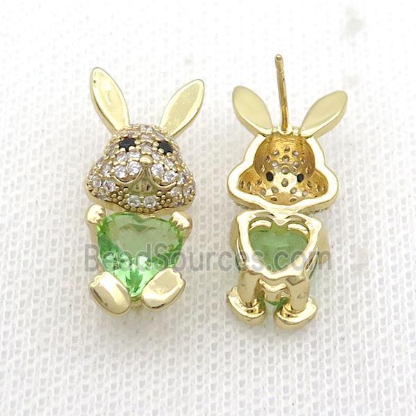 Copper Rabbit Stud Earring Pave Zircon Green Crystal Gold Plated