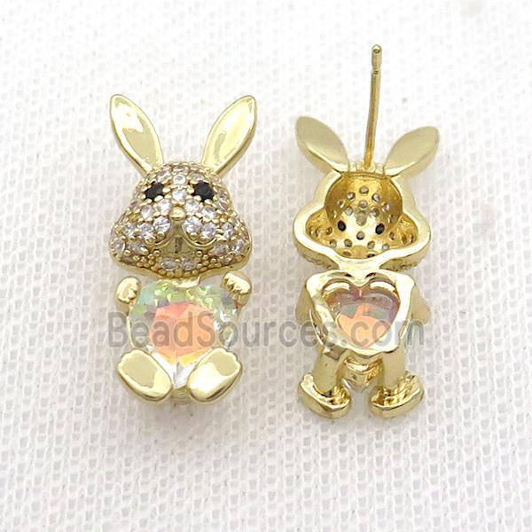 Copper Rabbit Stud Earring Pave Zircon Clear AB-color Crystal Gold Plated