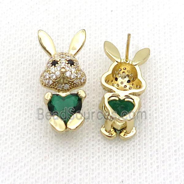 Copper Rabbit Stud Earring Pave Zircon Green Crystal Gold Plated