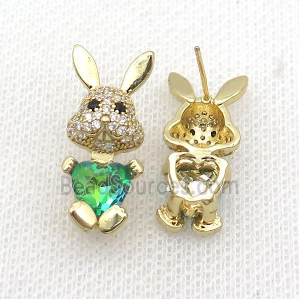 Copper Rabbit Stud Earring Pave Zircon Green Crystal Gold Plated