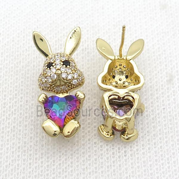 Copper Rabbit Stud Earring Pave Zircon Rainbow Crystal Gold Plated